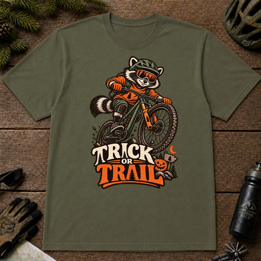 Military Green tee featuring a raccoon mountain biking in Halloween gear above a pumpkin and trail sign, with the phrase “Trick or Trail.”