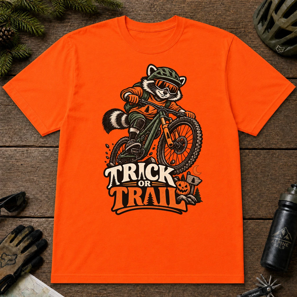 Orange tee featuring a raccoon mountain biking in Halloween gear above a pumpkin and trail sign, with the phrase “Trick or Trail.”