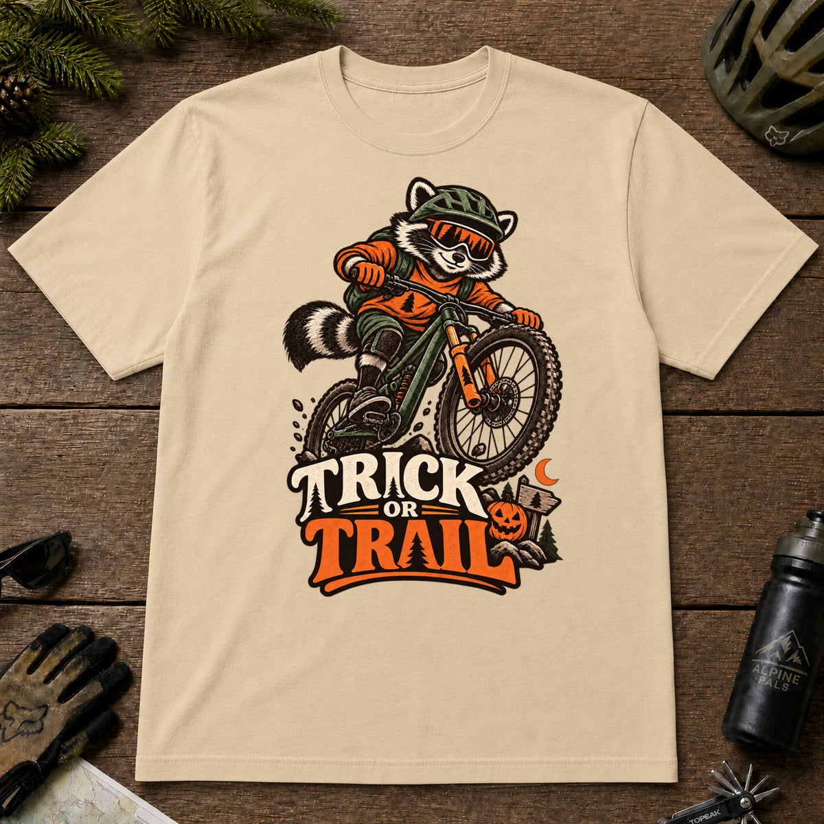 Sand tee featuring a raccoon mountain biking in Halloween gear above a pumpkin and trail sign, with the phrase “Trick or Trail.”