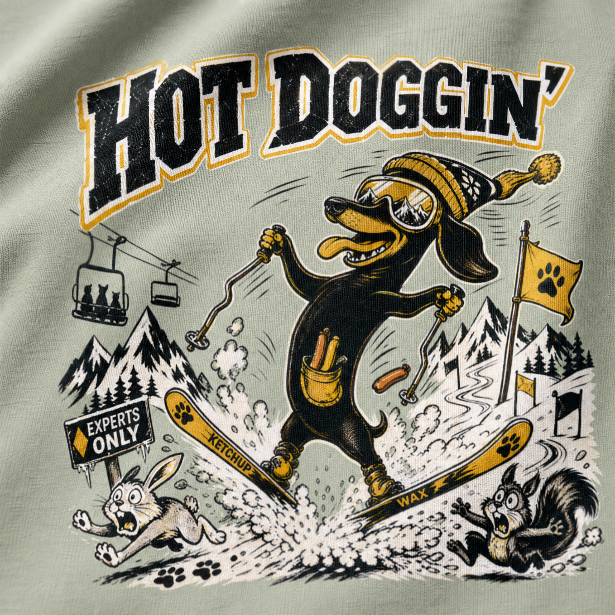 Cartoon dog skiing with text 'Hot Doggin'' on a bay colored background