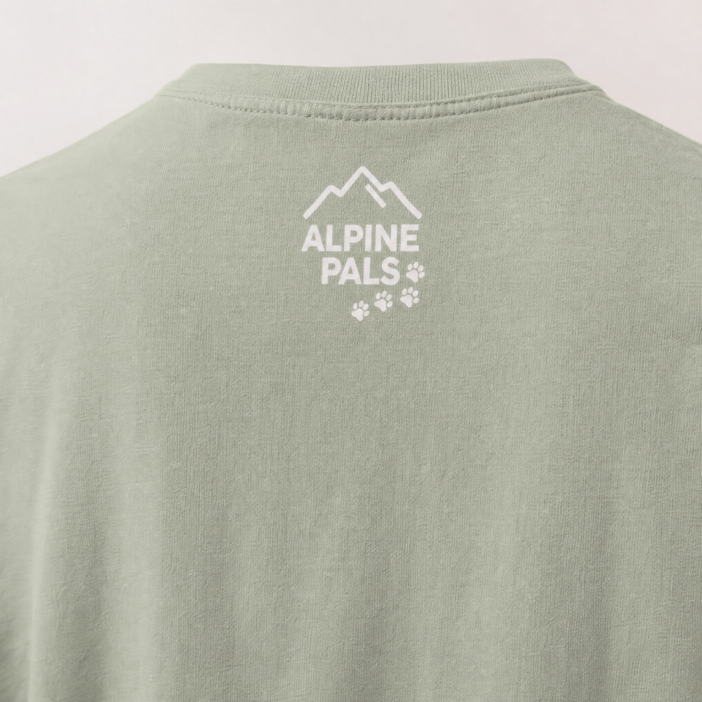Green shirt with 'Alpine Pals' logo on a light gray background