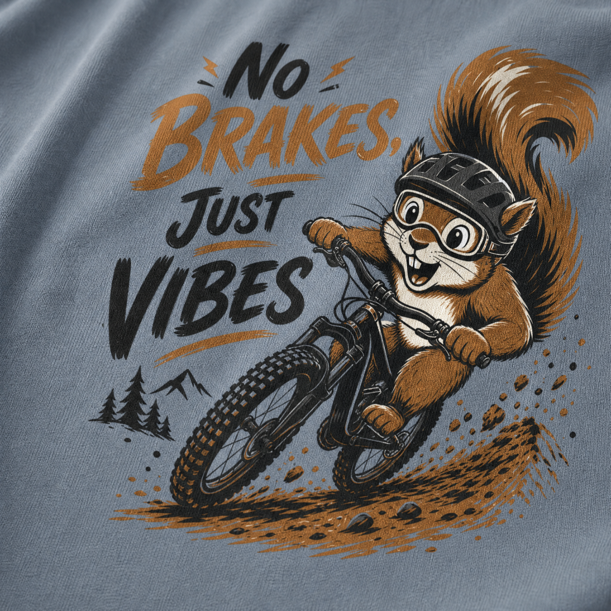 Squirrel riding a bike with 'No Brakes, Just Vibes' text on a gray t-shirt.