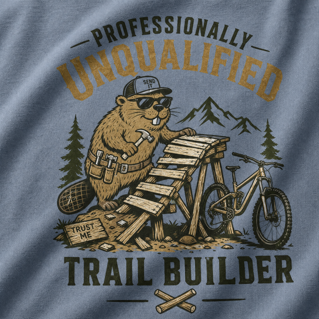 T-shirt design with beaver character and mountain bike, text 'Professionally Unqualified Trail Builder' on blue fabric.