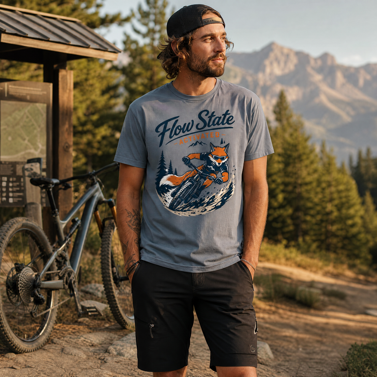 Man wearing a 'Flow State' t-shirt with a mountain bike graphic, standing outdoors with a mountainous background.