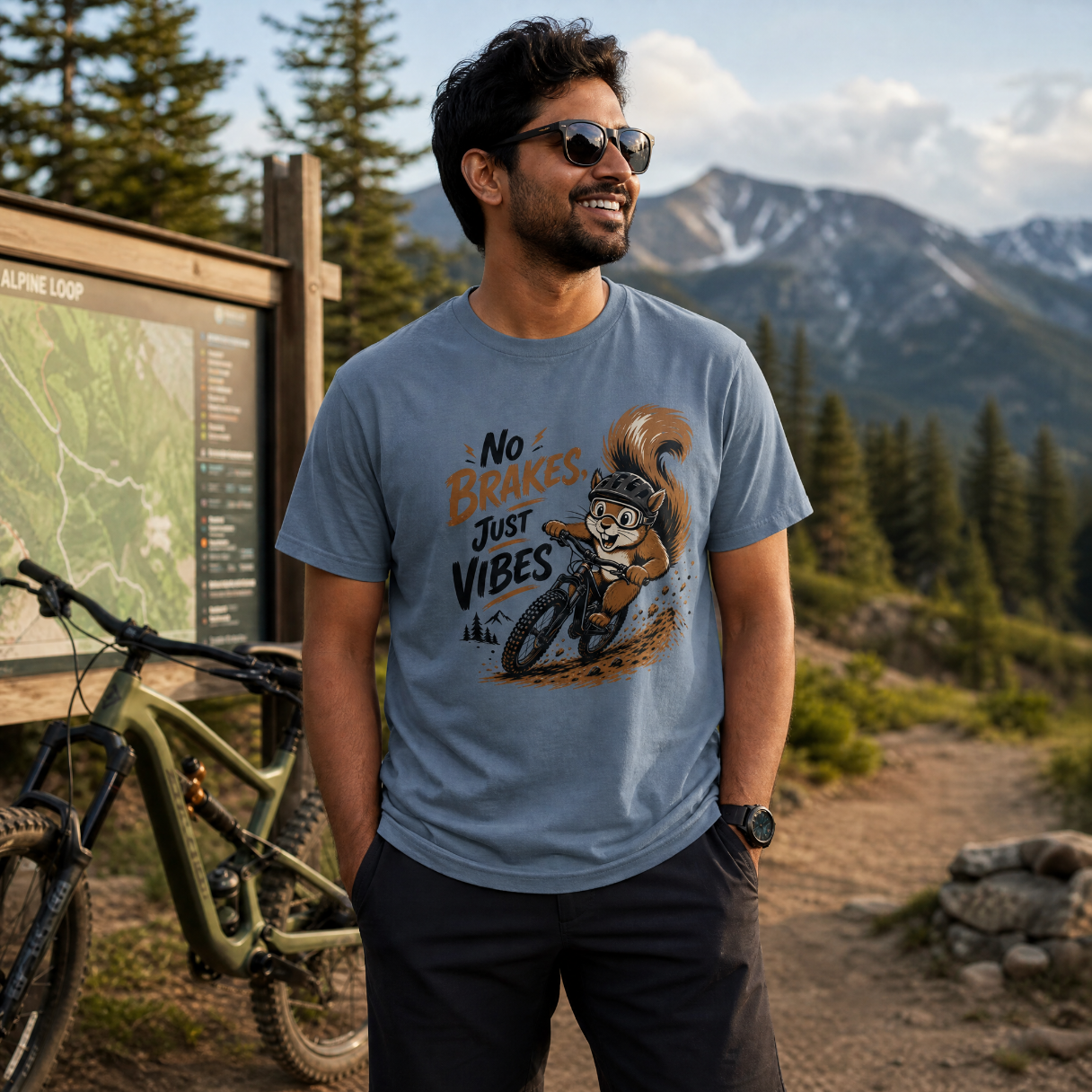 Man wearing a t-shirt with a graphic design of a squirrel on a bike, standing in a mountainous area.