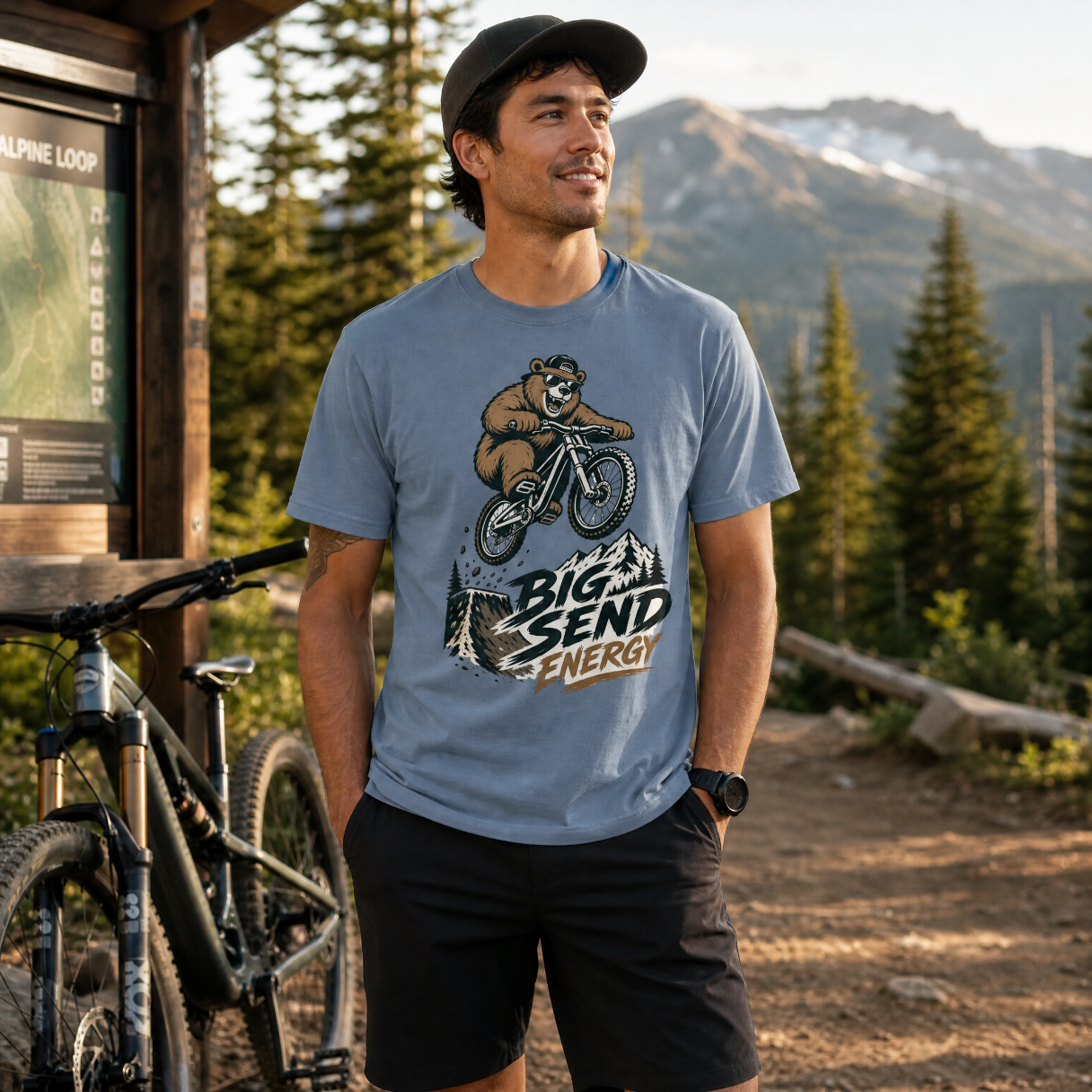 Man wearing a t-shirt with a bear graphic and 'Big Send Energy' text, standing outdoors with a mountain background.