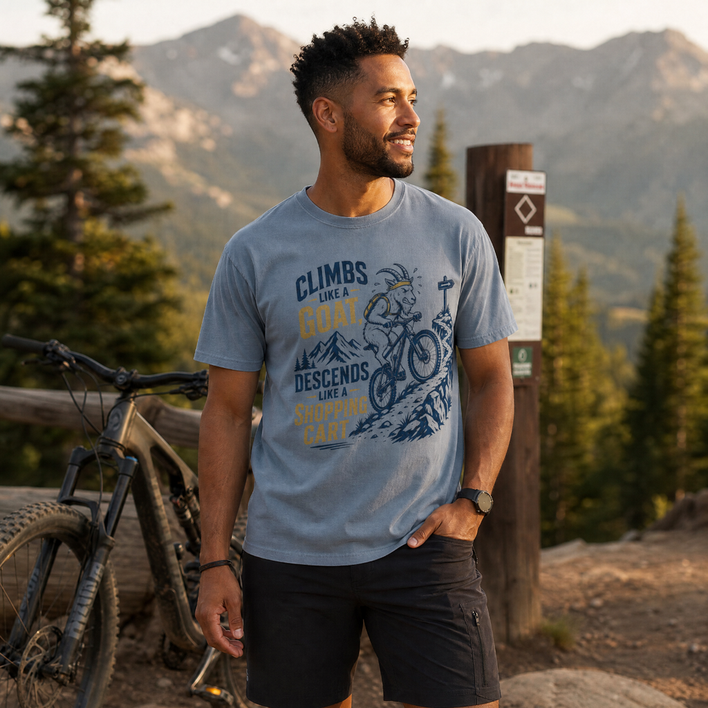 Man wearing a t-shirt with mountain bike design and text, standing in a mountainous area with a bicycle.