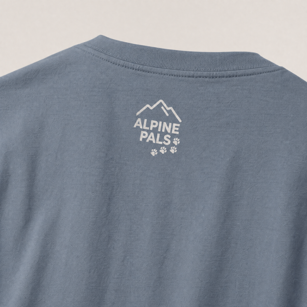 Blue t-shirt with 'Alpine Pals' logo on a light gray background
