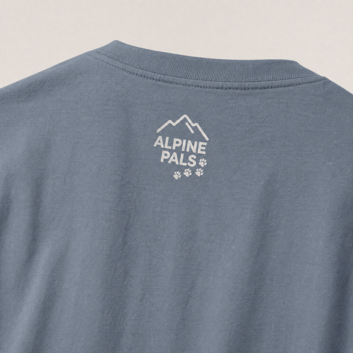 Blue t-shirt with 'Alpine Pals' logo on a light gray background