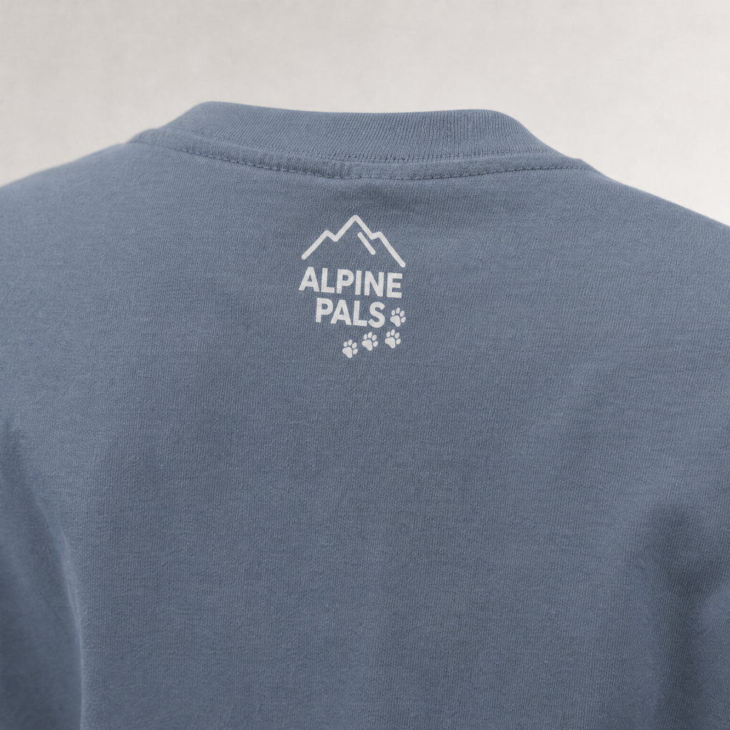 Blue t-shirt with 'Alpine Pals' logo on a gray background