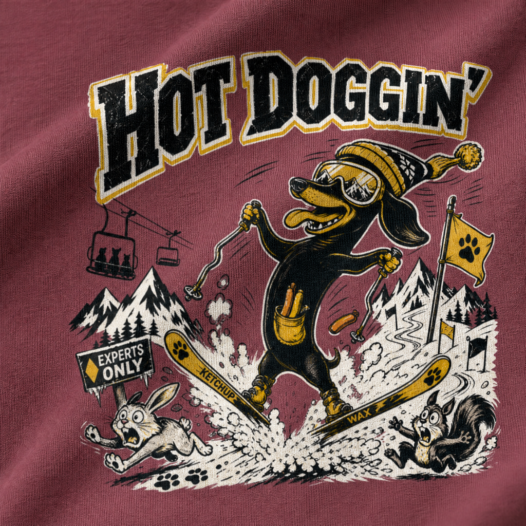 T-shirt with a cartoon dog skiing in a mountainous landscape and 'HOT DOGGIN'' text.