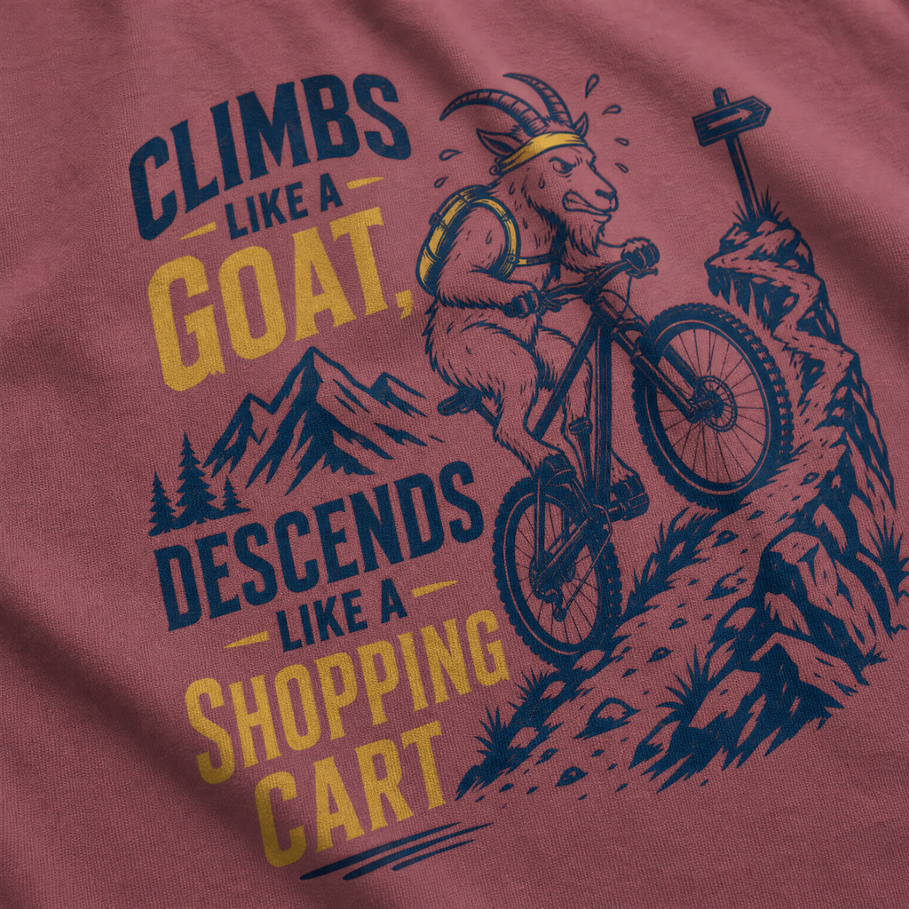 T-shirt with graphic of a goat riding a bike and text on a brick colored background