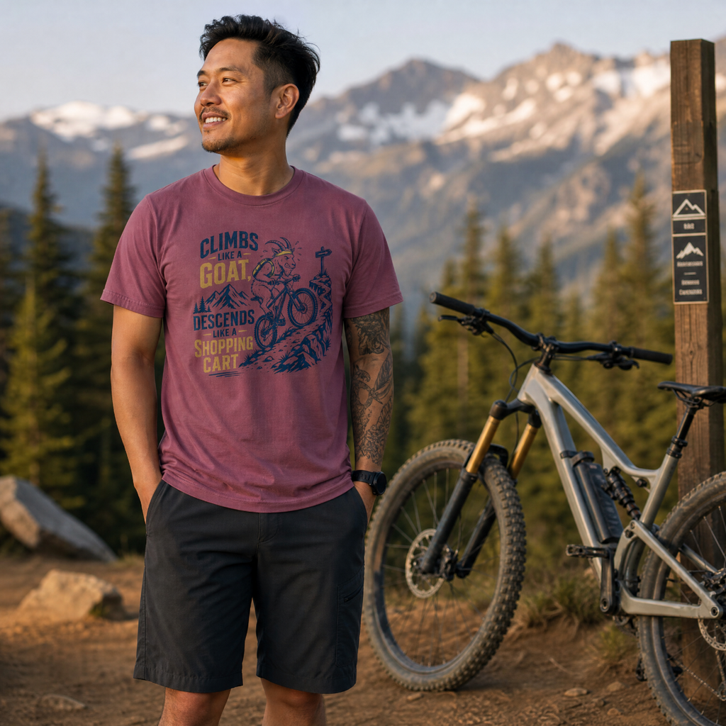 Man standing next to a mountain bike with mountains in the background