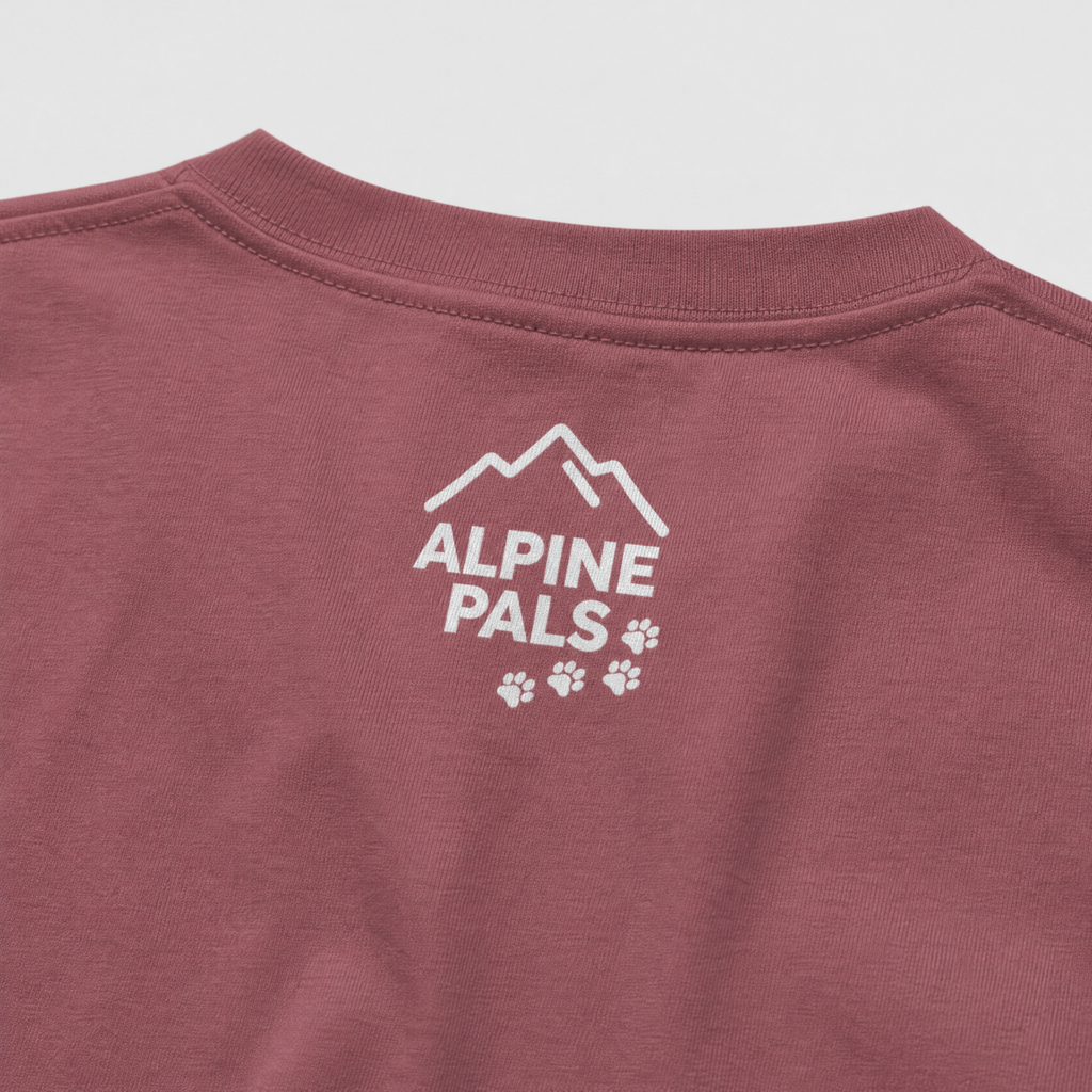 Brick color shirt with 'Alpine Pals' logo on a light gray background