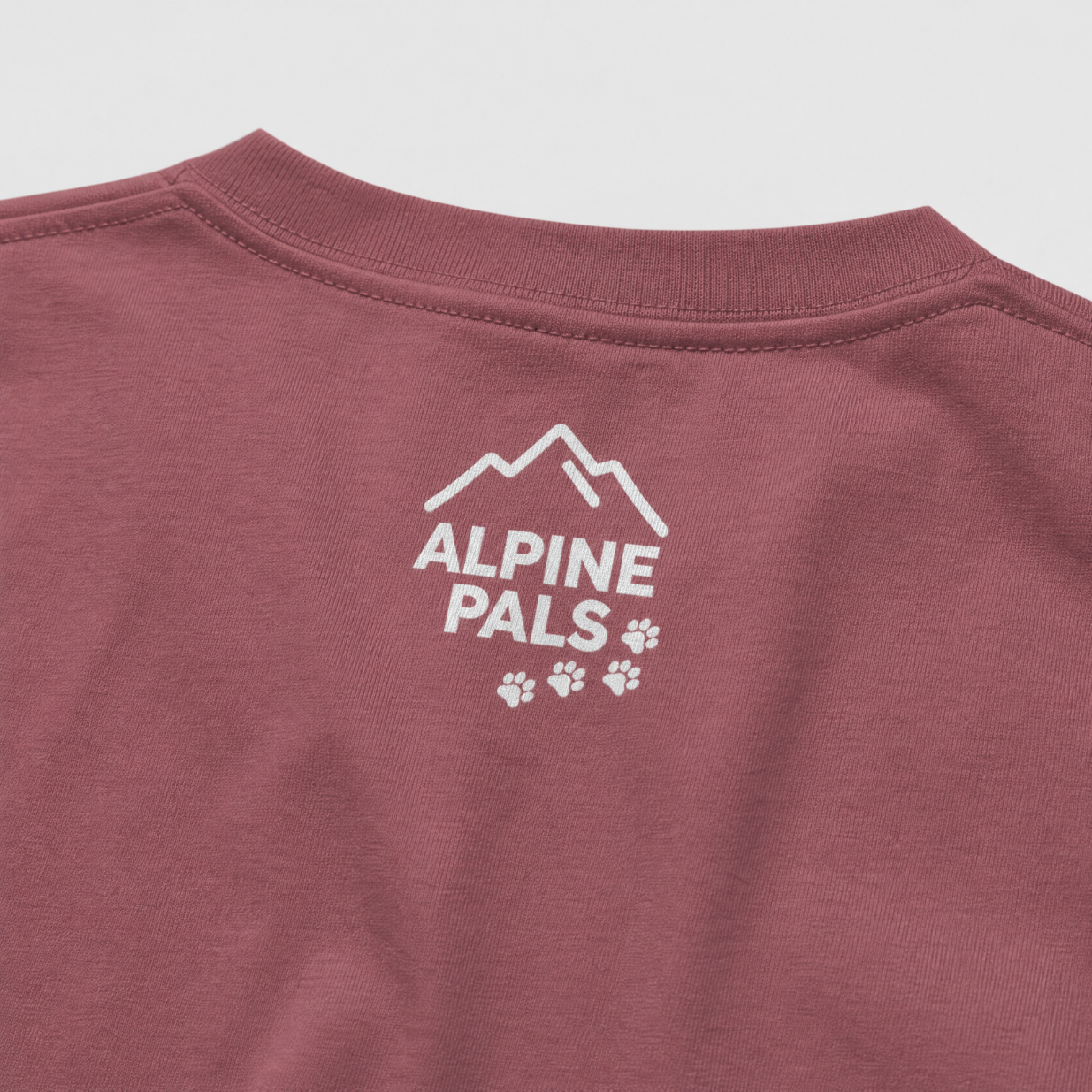 Brick color shirt with 'Alpine Pals' logo on a light gray background