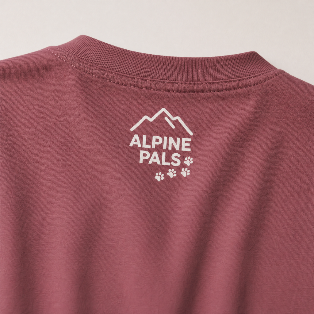 Brick colored shirt with 'Alpine Pals' logo on a light gray background