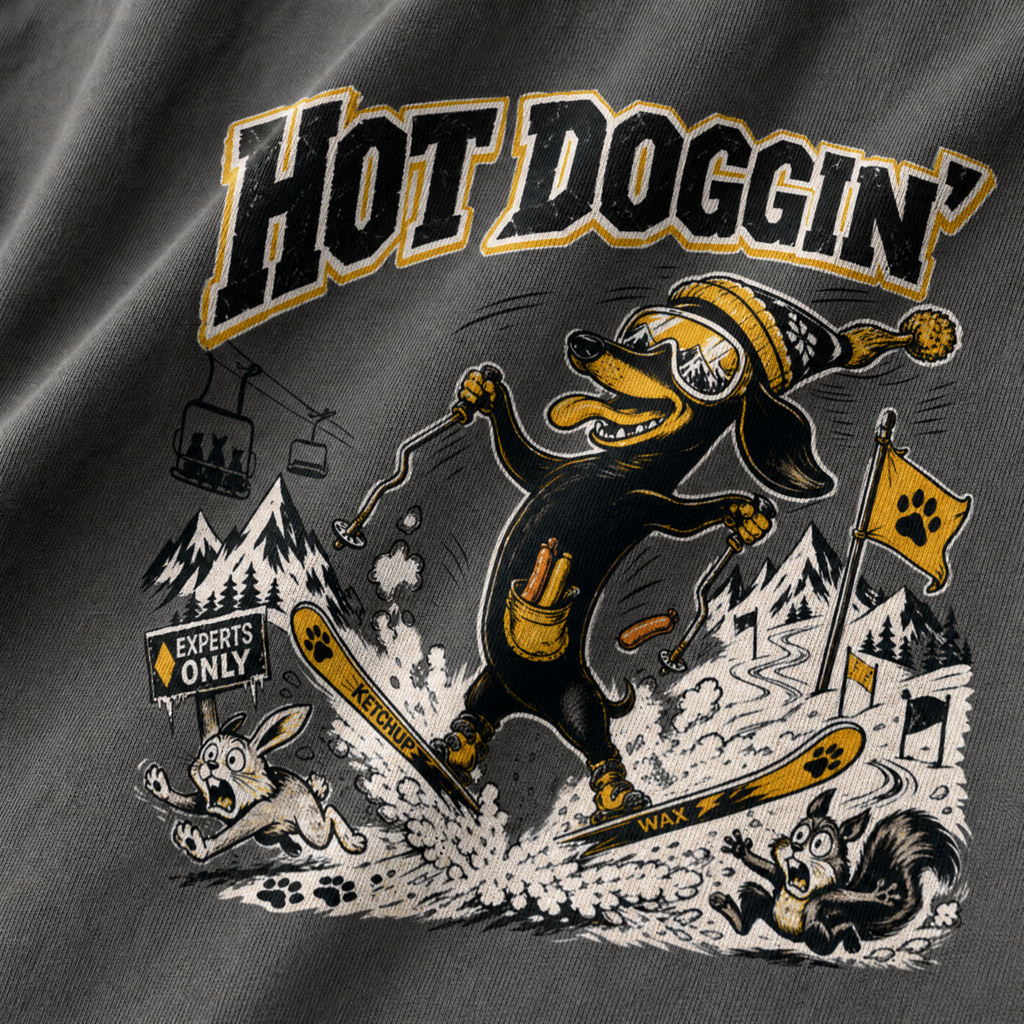 Illustration of a dog skiing with mountain and ski resort elements on a dark background.