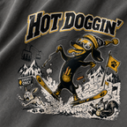 Illustration of a dog skiing with mountain and ski resort elements on a dark background.