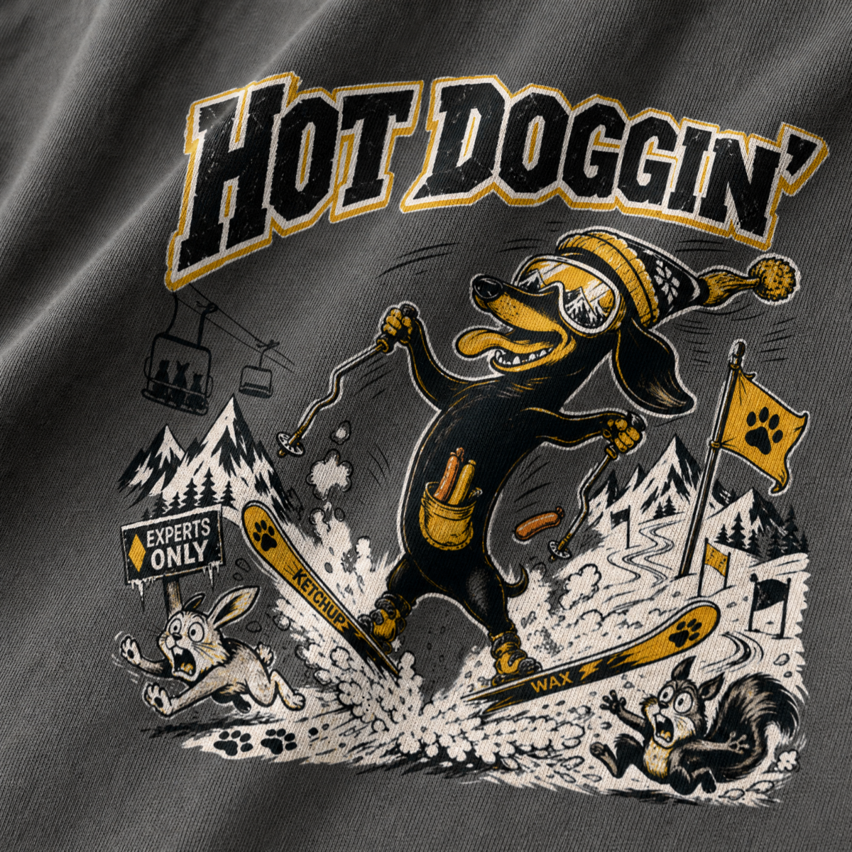 Illustration of a dog skiing with mountain and ski resort elements on a dark background.