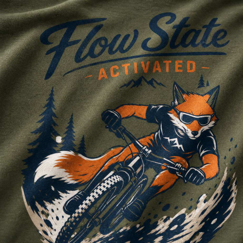 T-shirt with a fox riding a bike and 'Flow State Activated' text on a green background
