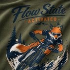 T-shirt with a fox riding a bike and 'Flow State Activated' text on a green background