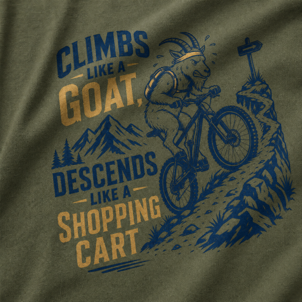 T-shirt with graphic of a goat riding a bike and text 'Climbs like a goat, descends like a shopping cart' on a green background.