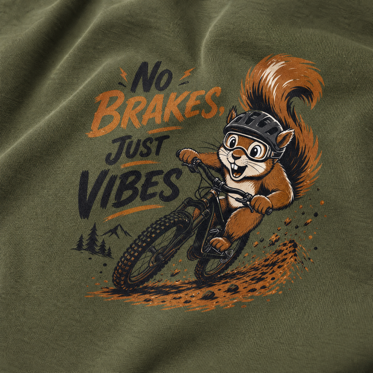 T-shirt with a squirrel riding a bike and 'No Brakes, Just Vibes' text on a green background