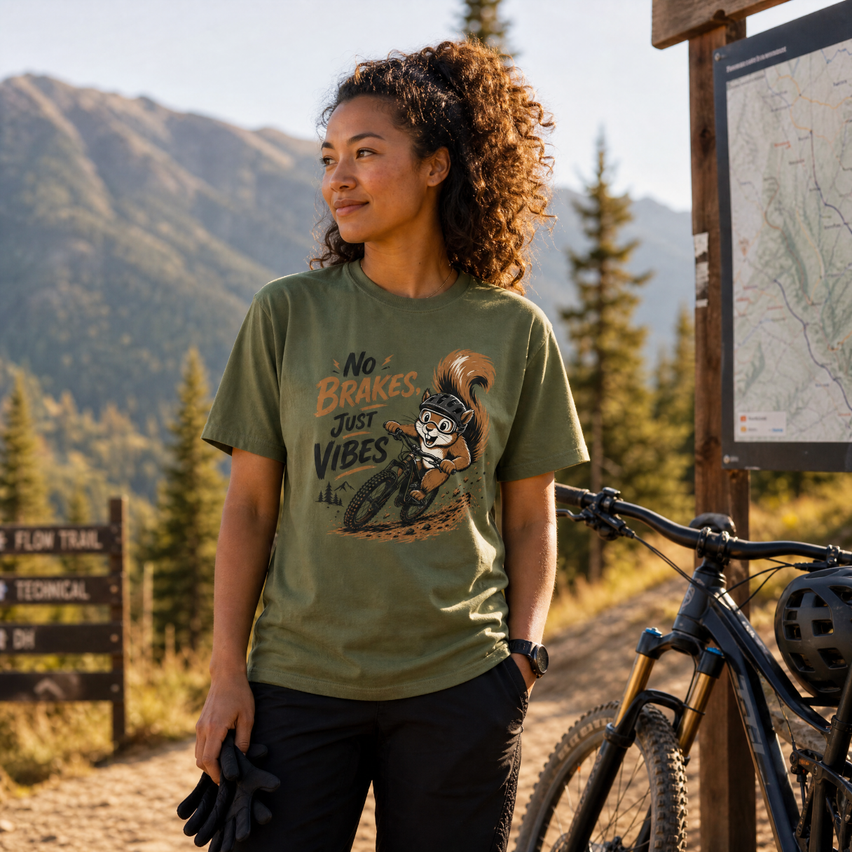 Female wearing a hemp colored shirt posing next to a mountain bike.