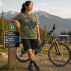 Person standing next to a mountain bike with a scenic mountain background