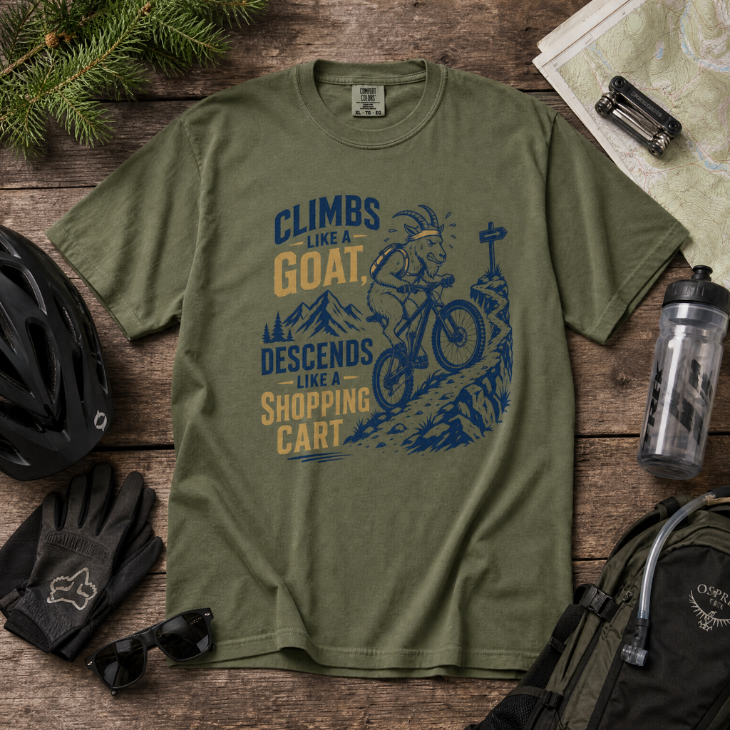 Hemp colored t-shirt with mountain bike graphic and text on a wooden surface with cycling accessories.