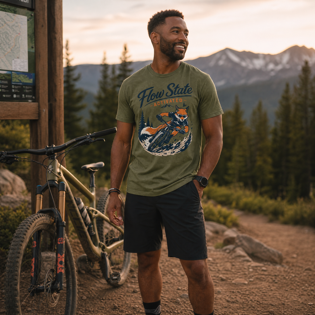Man standing next to a bicycle in a mountainous area wearing a 'Flow State' t-shirt.