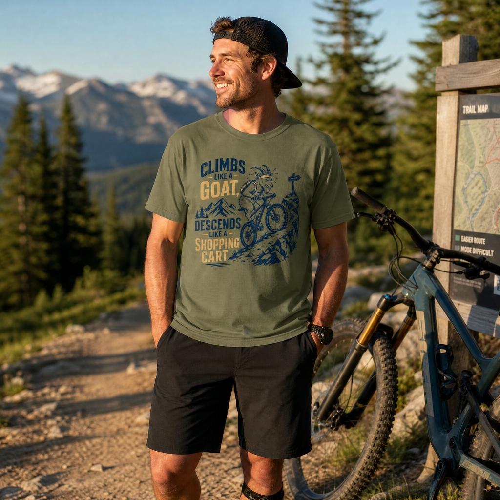 Man standing with a mountain bike in a forested area with mountains in the background