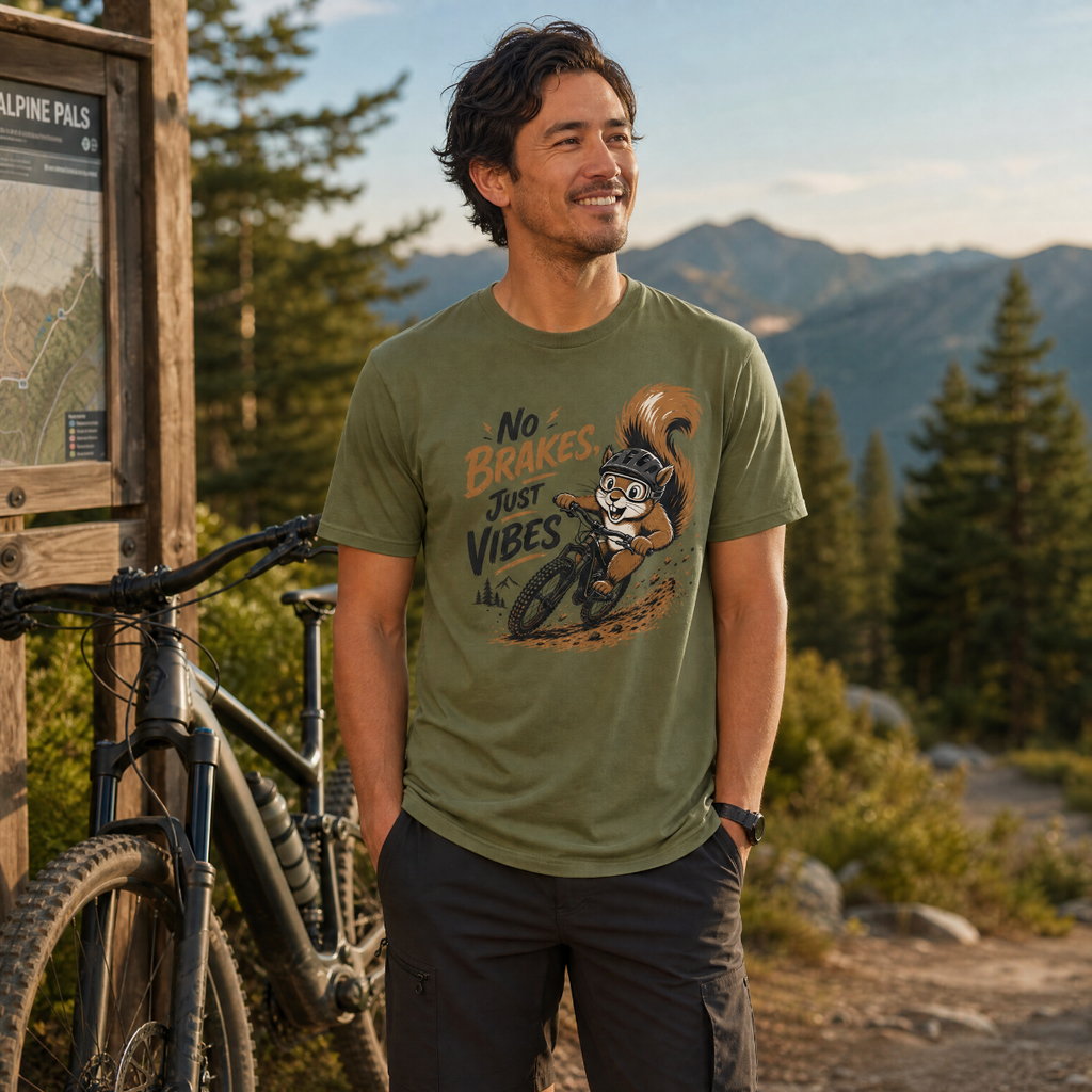 Man wearing a green t-shirt with a graphic design of a squirrel on a bike, standing in a mountainous area with trees and mountains in the background.