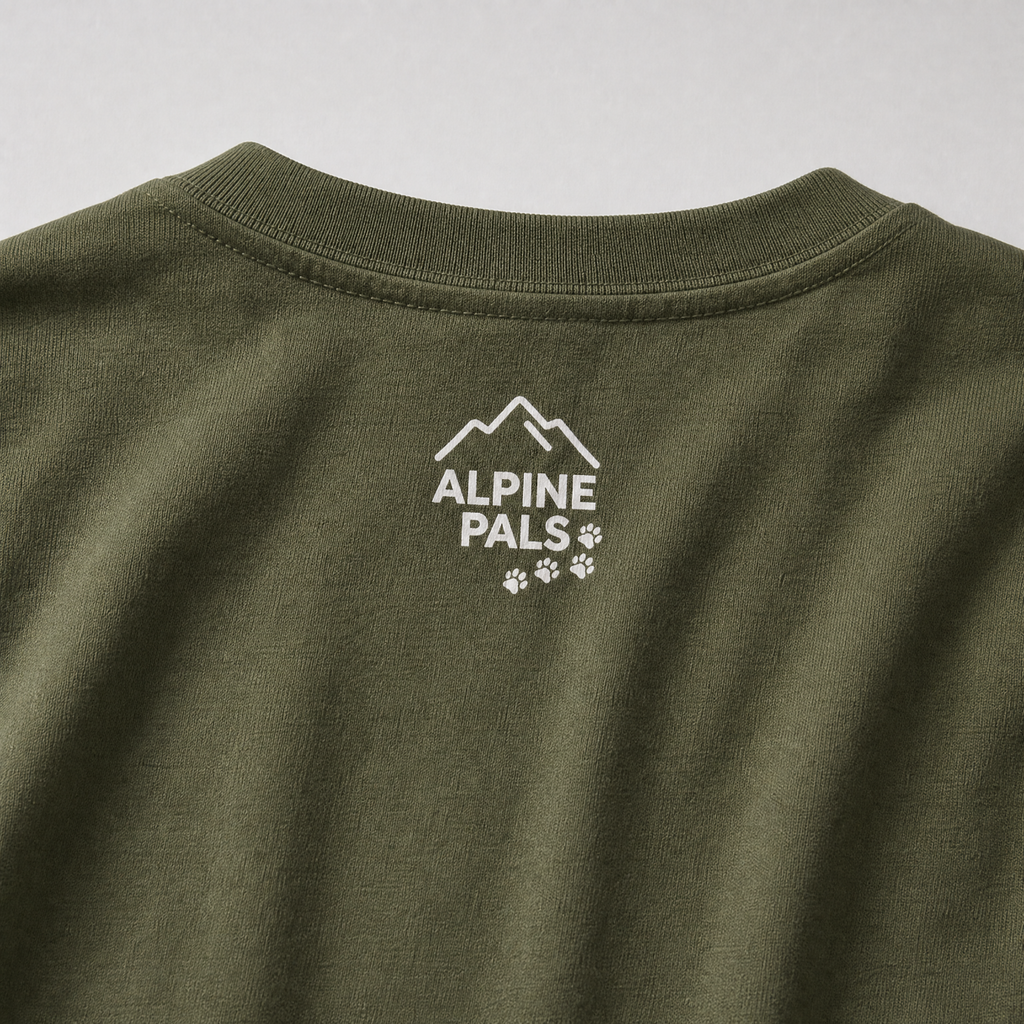 Green sweatshirt with 'Alpine Pals' logo on a white background