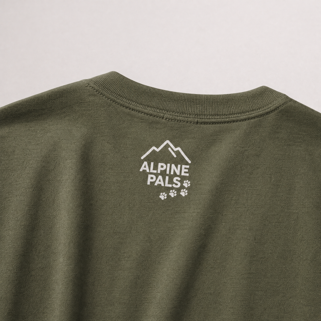 Green shirt with 'Alpine Pals' logo on a light gray background