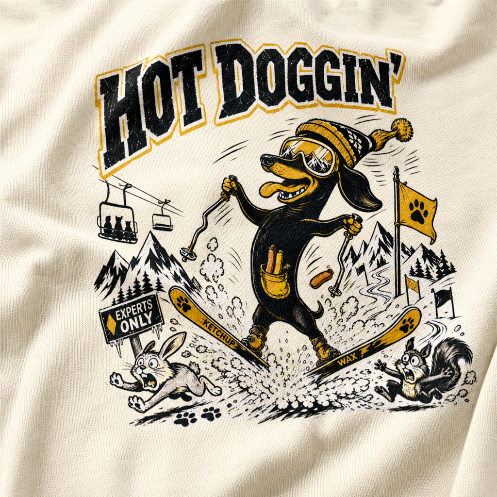 T-shirt with a cartoon dog skiing and text 'HOT DOGGIN'' on a white background