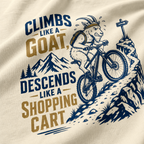 Illustration of a goat riding a bike with mountain text on a beige background
