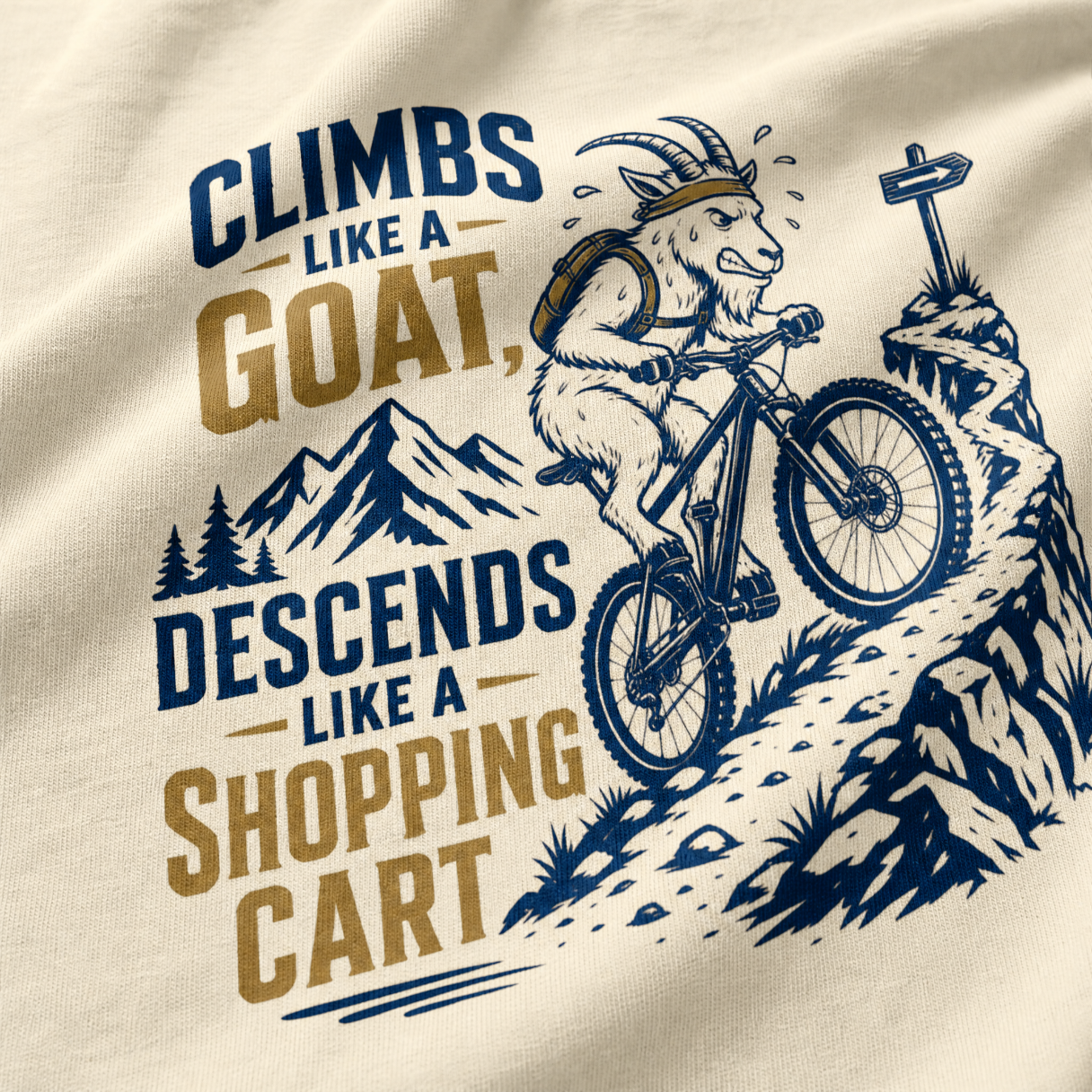 Illustration of a goat riding a bike with mountain text on a beige background