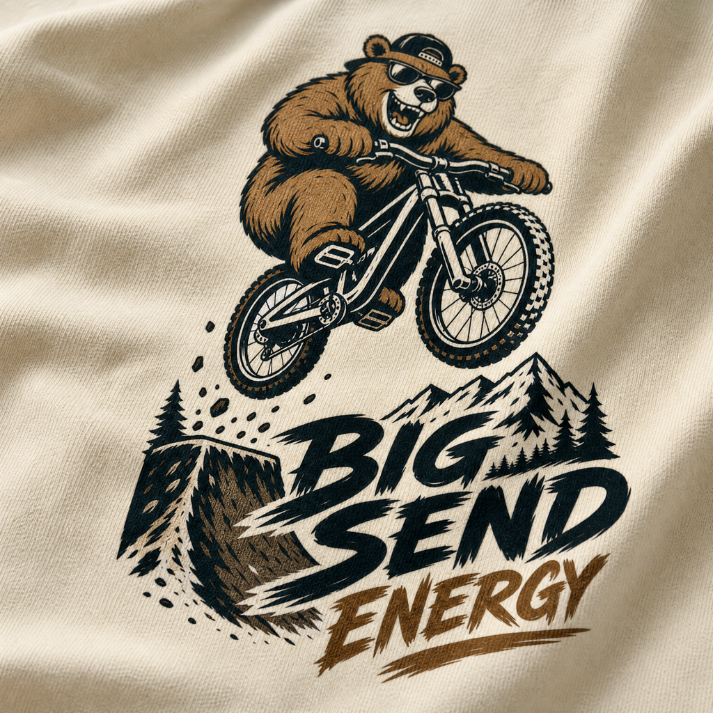 Ivory colored fabric with a bear riding a bike and 'Big Send Energy' text design.