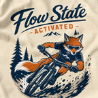 T-shirt with a fox riding a bike and 'Flow State Activated' text on a beige background