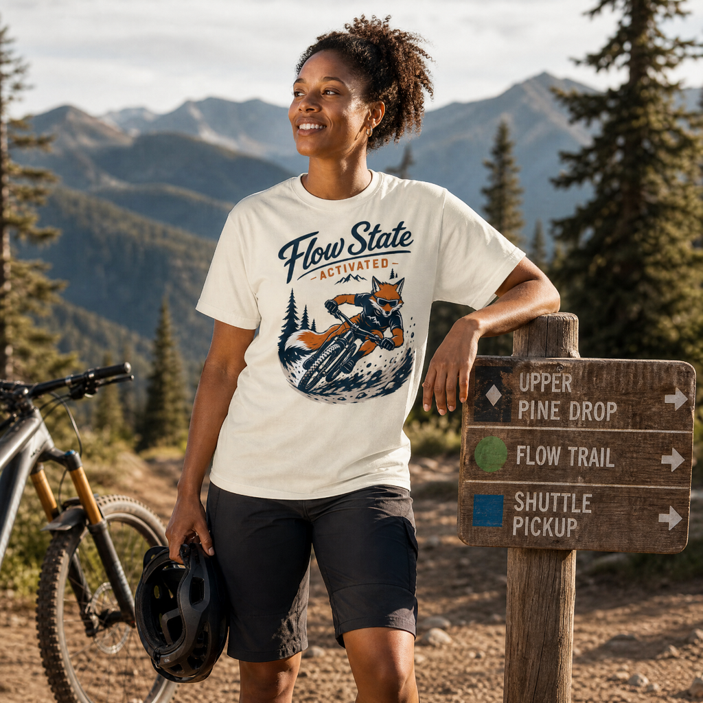 Woman in a 'Flow State Activated' t-shirt with a mountain bike and forest background