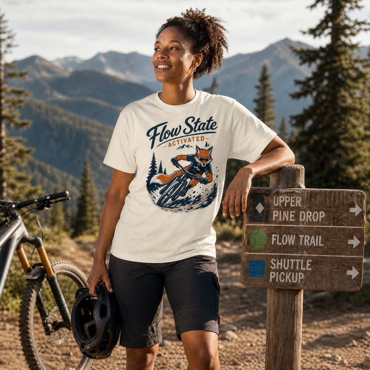 Woman in a 'Flow State Activated' t-shirt with a mountain bike and forest background