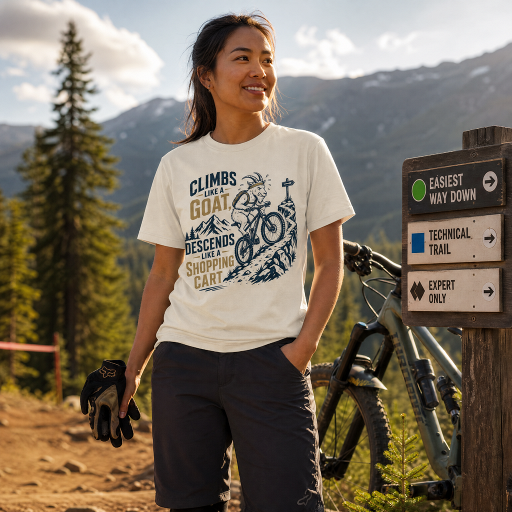 Person wearing a t-shirt with a graphic design and text, standing in a mountainous area with a bike and trail sign.