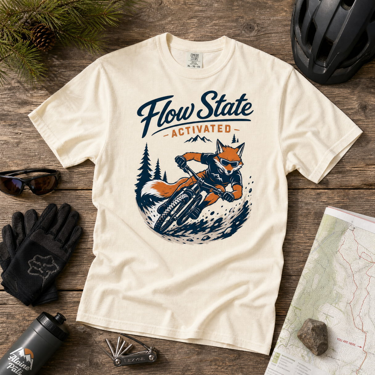 White t-shirt with 'Flow State Activated' graphic on a wooden surface with outdoor gear.