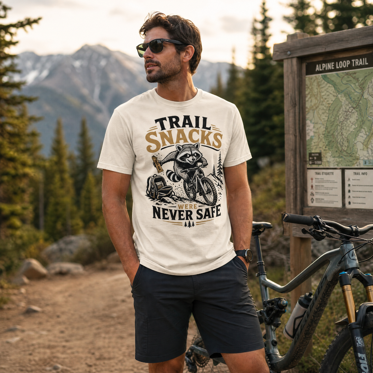 Man wearing a t-shirt with a graphic design of a raccoon on a motorcycle and text 'Trail Snacks Were Never Safe' in a mountainous area.