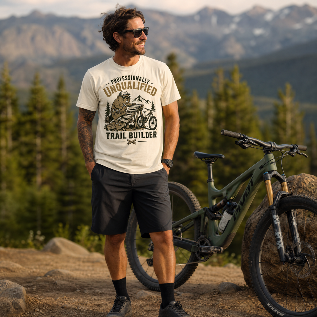 Man standing next to a mountain bike with a scenic background of mountains and trees.