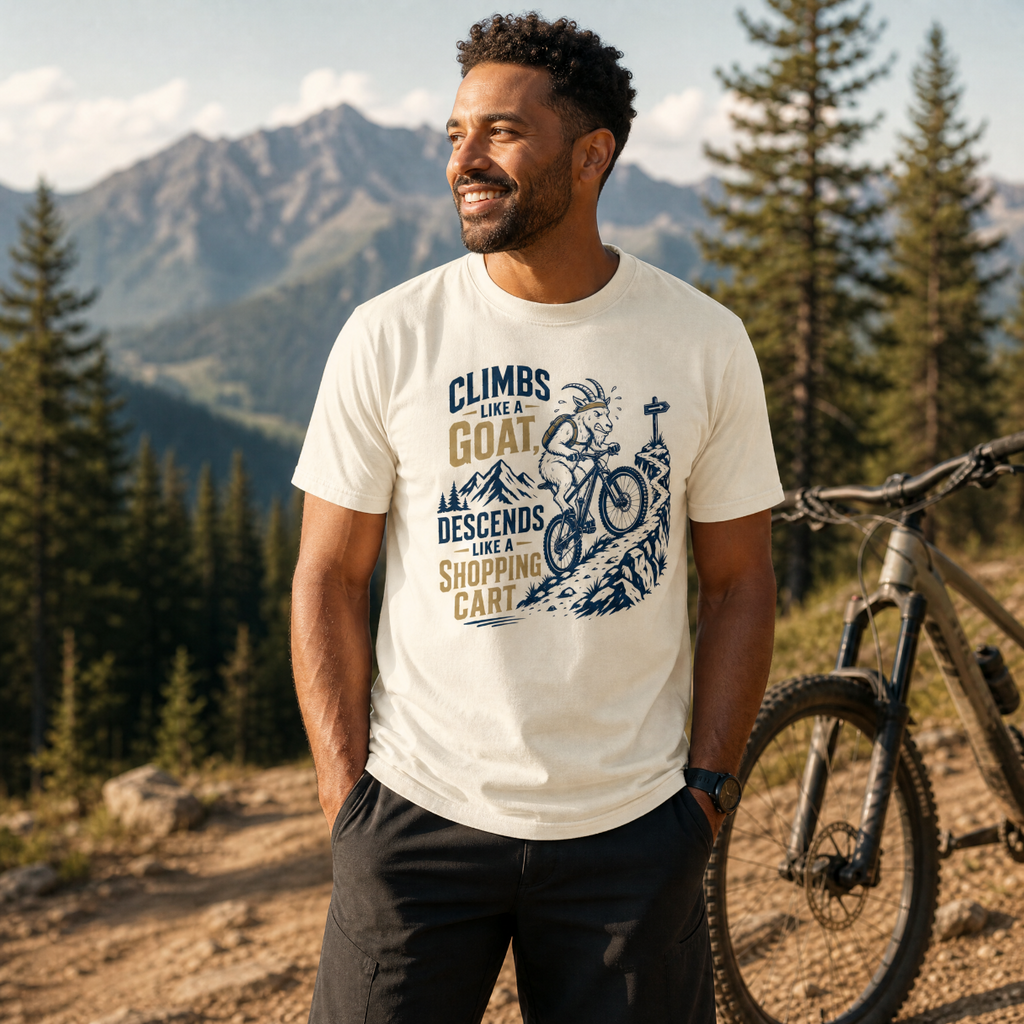 Man wearing a t-shirt with a mountain bike graphic and text, standing in a forest with mountains in the background.
