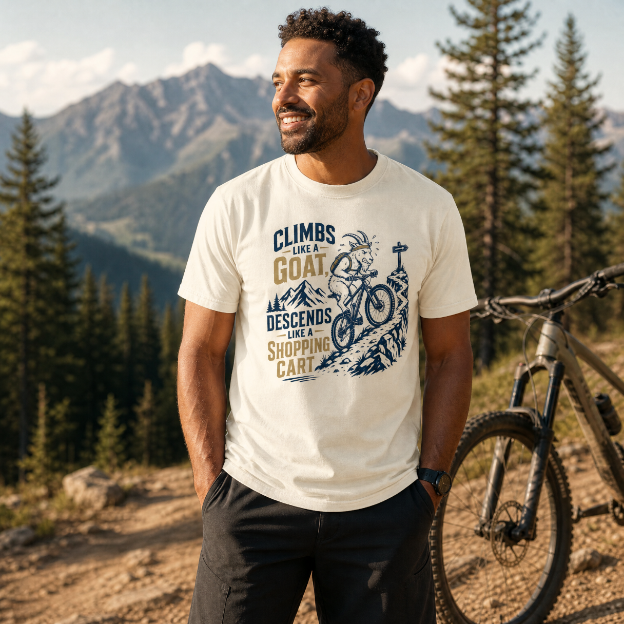 Man wearing a t-shirt with a mountain bike graphic and text, standing in a forest with mountains in the background.