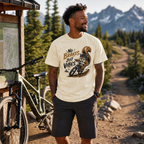 Man standing on a mountain trail wearing a t-shirt with a graphic design, next to a bicycle.
