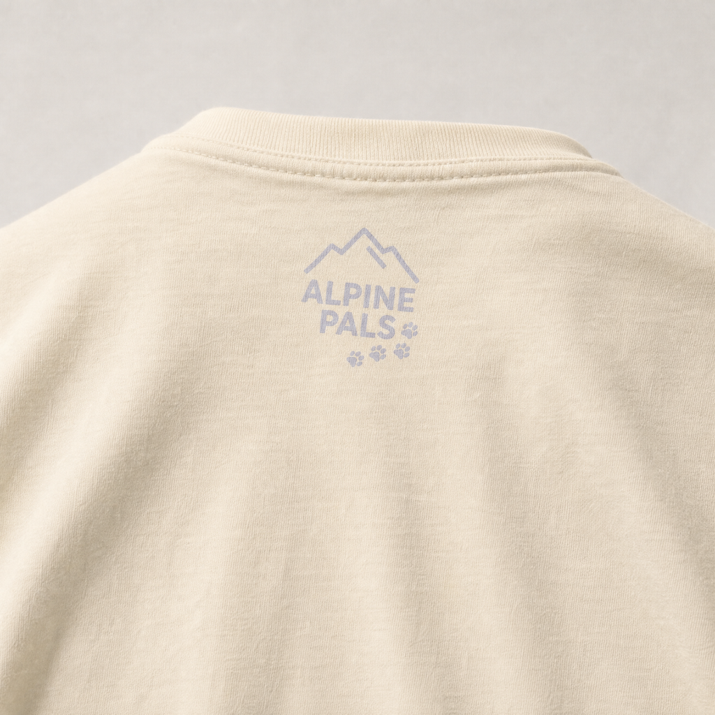 Ivory colored shirt with 'Alpine Pals' logo on a gray background